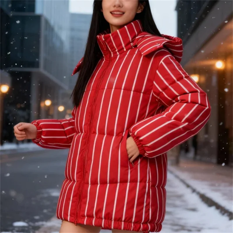 

Fall 2025 Women's Fashion Trends: European and American Loose Striped Hooded Bread Coat Cotton Jacket (Available in 2 Colors)