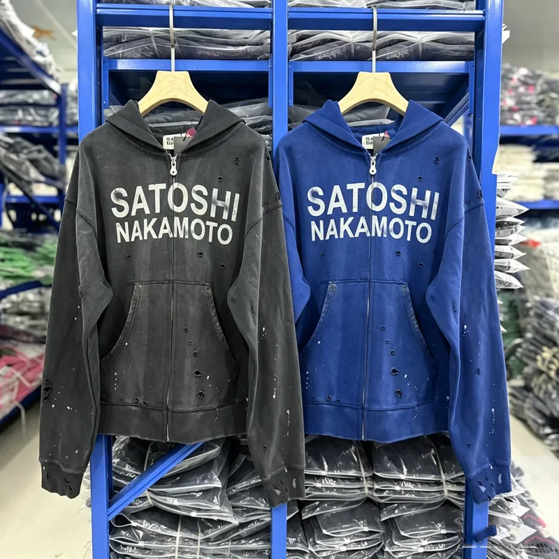 Splashed Ink Zipper Round Hole SATOSHI NAKAMOTO Hoodie Black Blue Men Women Washed Distressed Hole Damaged Loose Pullover Winter