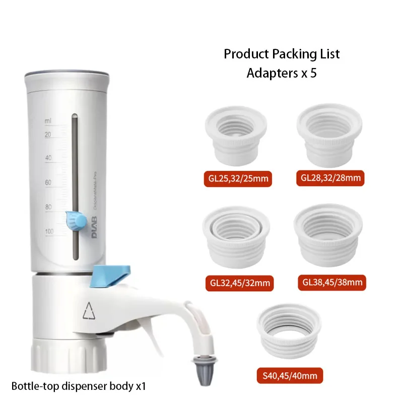 Lab DispensMate-Pro Bottle-Top Dispenser with Recirculation Valve Chemical Resistant Manual Pipette Pump 0.5-100mL 5 Adapters