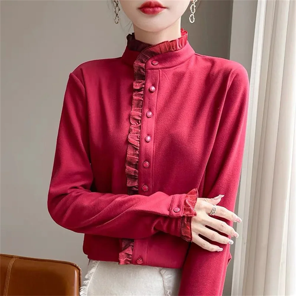 Spring Fashion Outer Shirt High Quality Thick Blouse Stand-collar Black Ruffles Shirt and Blouse Women's Loose Fur Warm Top