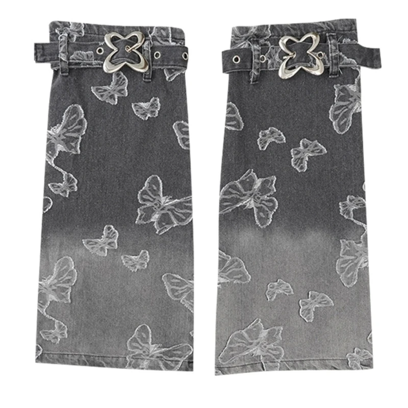 Women Punk Buckled Straps Butterfly Leg Covers Gradients Jeans Flared Leg Warmer