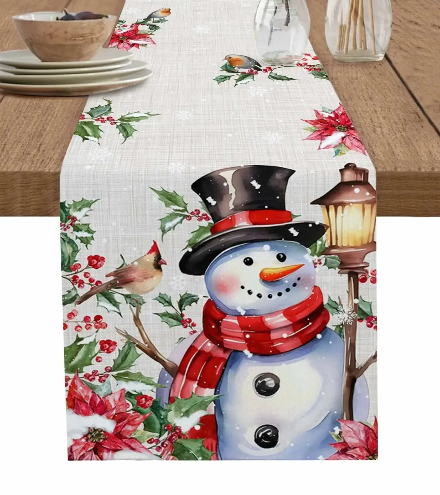 Christmas Snow Scene Snowman Table Runner Wedding Decor  Dining Table Decor Linen Tablecloth