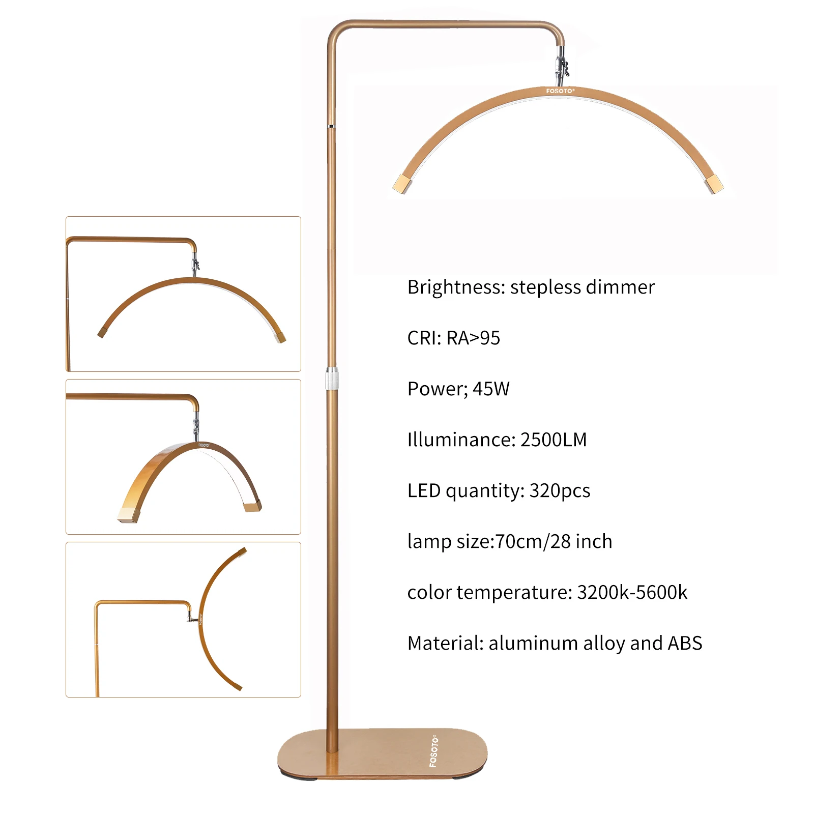 Fosoto 28 polegadas Fotografia Cosméticos Lâmpada de chão meia lua com bandeja e clipe de telefone para cílios extensões de cílios luz