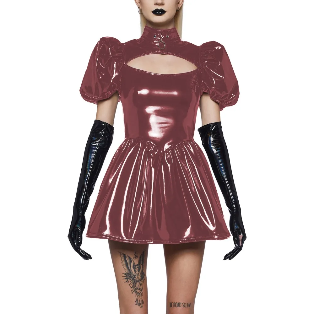 Punk Hollow Out Turtleneck Shiny Leather A-line Pleated Dress, Short Puff Sleeve, Mini PVC Party Dresses, Clubwear, Hotties