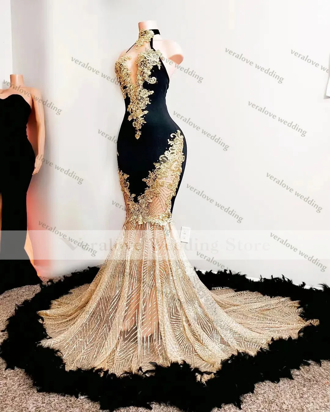 Sparkly Black Mermaid Avondjurk Hoge Hals Veer Kralen Sexy Luxe Prom Jassen Dubai Vrouwen Formele Partij Jassen