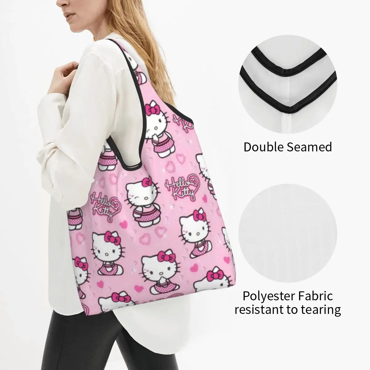 Custom Hello Kitty Manga Cat Shopping Bags Women Portable Large Capacity Grocery Tote Shopper Bags