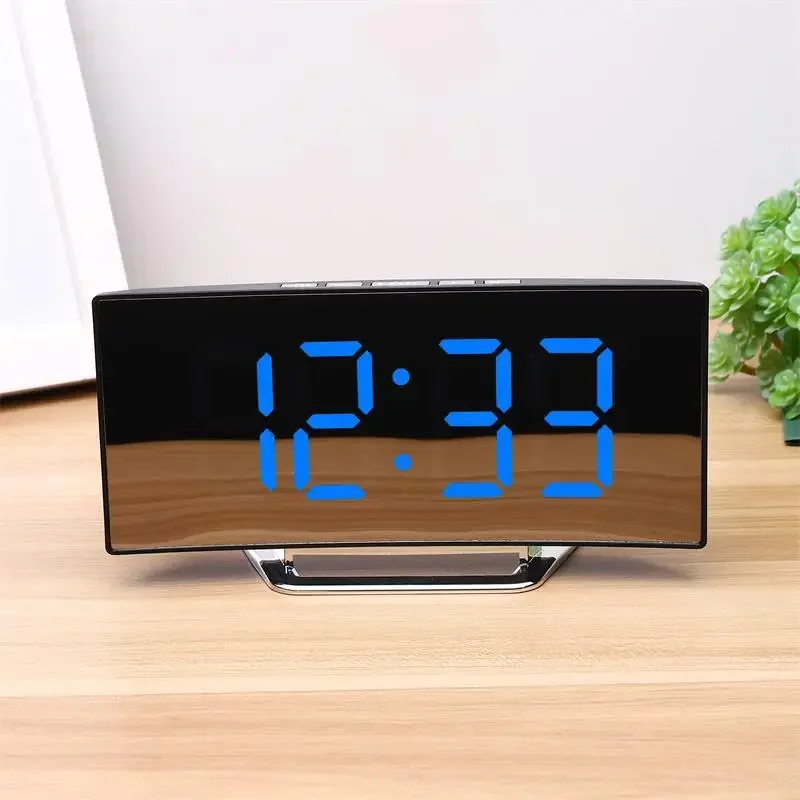 New Digital Alarm Clock LED Curved Surface Mirror Electronic Night Mode Snooze Desktop Table Clocks for Home Decoration Bedside