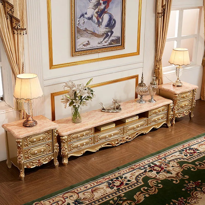 XL European marble TV cabinet all solid wood champagne gold coffee table combination high-end