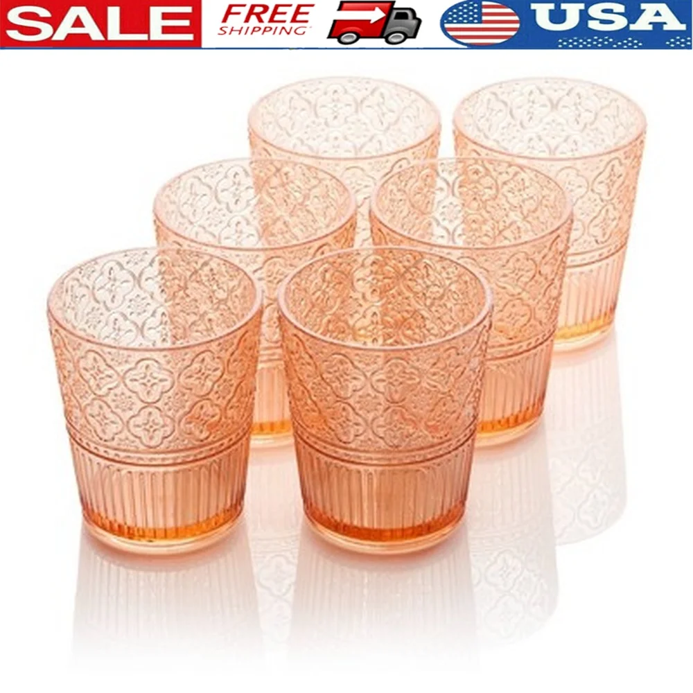 

Set of 6 Elegant Embossed Acrylic DOF Glasses 16oz Durable Break-Resistant Tumblers Ideal Indoor Outdoor Entertaining Dishwasher