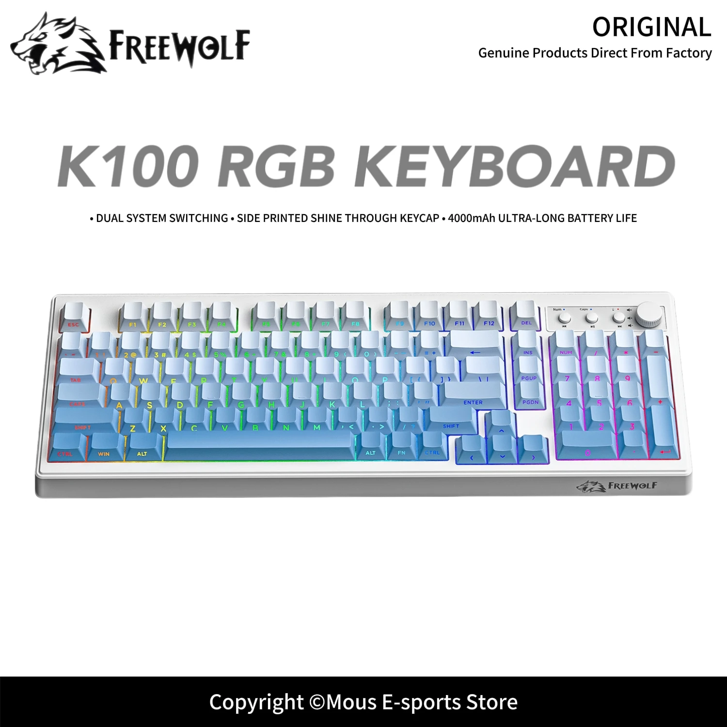 Bluetooth Wired Gaming Keyboard FREEWOLF K100  RGB Backlit Ergonomic Dual System Support Quiet Typing