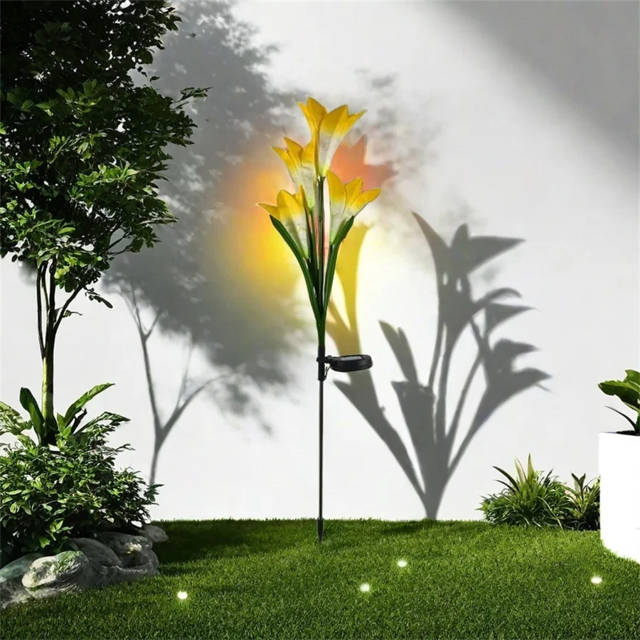 Solar powered LED simulation lily flower 4-head colorful outdoor camping courtyard park atmosphere decoration light