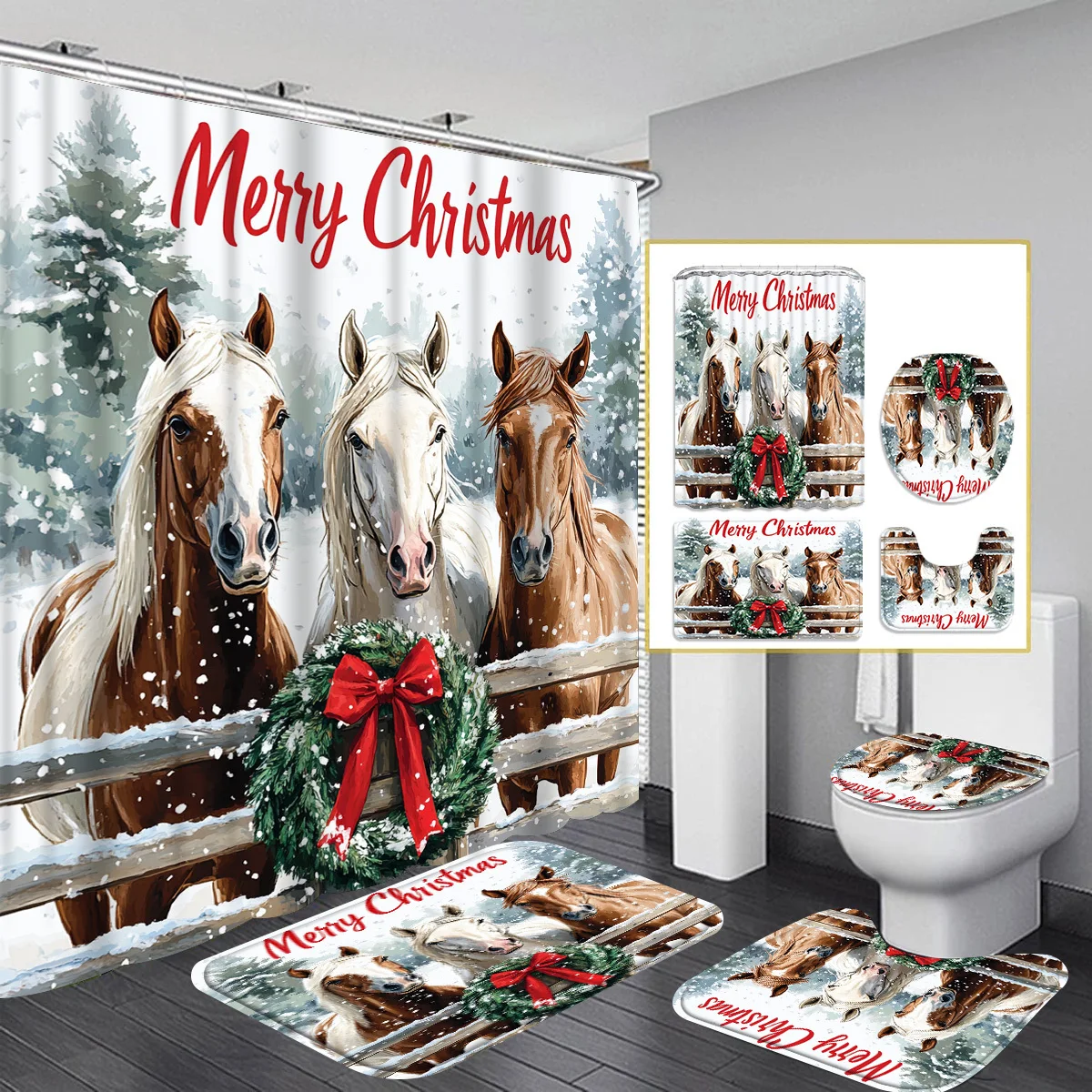 

Рождественский набор для ванной с лошадью из 4 предметов, многоцветный зимний дизайн, современный декор, тканевая занавеска, 12 крючков, нескользящий коврик, U-образный чехол для унитаза