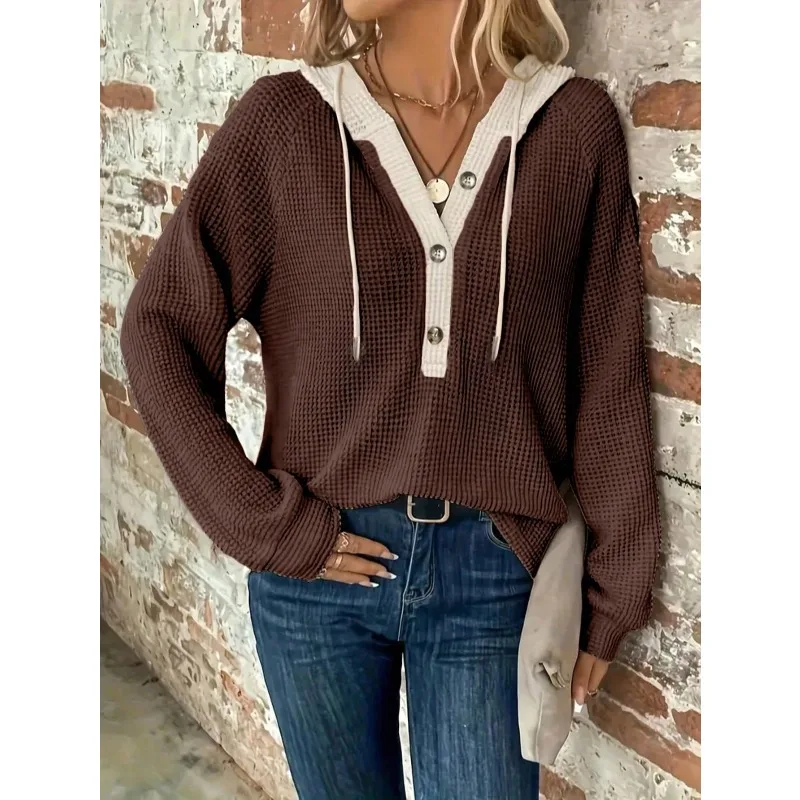 Plus Größe 1XL-5XL Damen Einfarbig Waffel Kapuze Langarm Pullover Lose Fit Knopf Detail Mode Top