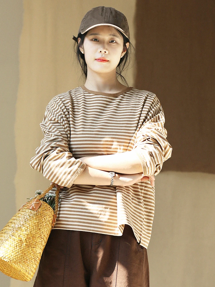 

Свободная футболка из органического хлопка в полоску, длинная футболка све, круглая, повседневная, весеннее новое поступление, женский топ Faion