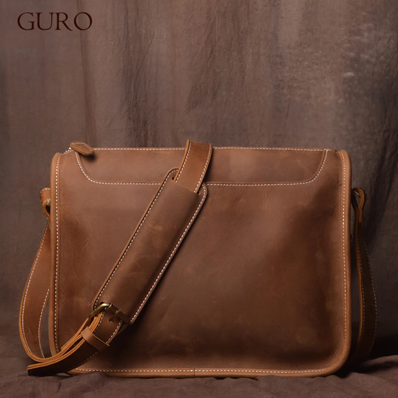 GURO Vintage Original Cowhide Shoulder Bag Men's Genuine Leather Business Briefcase Simple Crossbody Luxury Design Messenger Bag