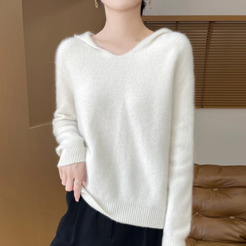 New women's sweaters in autumn and winter 100% merino wool pullover cashmere V-neck hooded Gui Huazhen solid color loose top