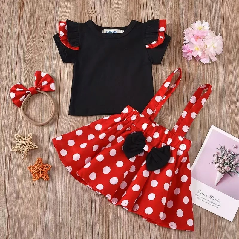 Minnie Mouse Girls Set Kids Clothes Flying Sleeve Short Sleeve Top  Polka Dot Suspender Skirt  Minnie Bow Headband skirt suit