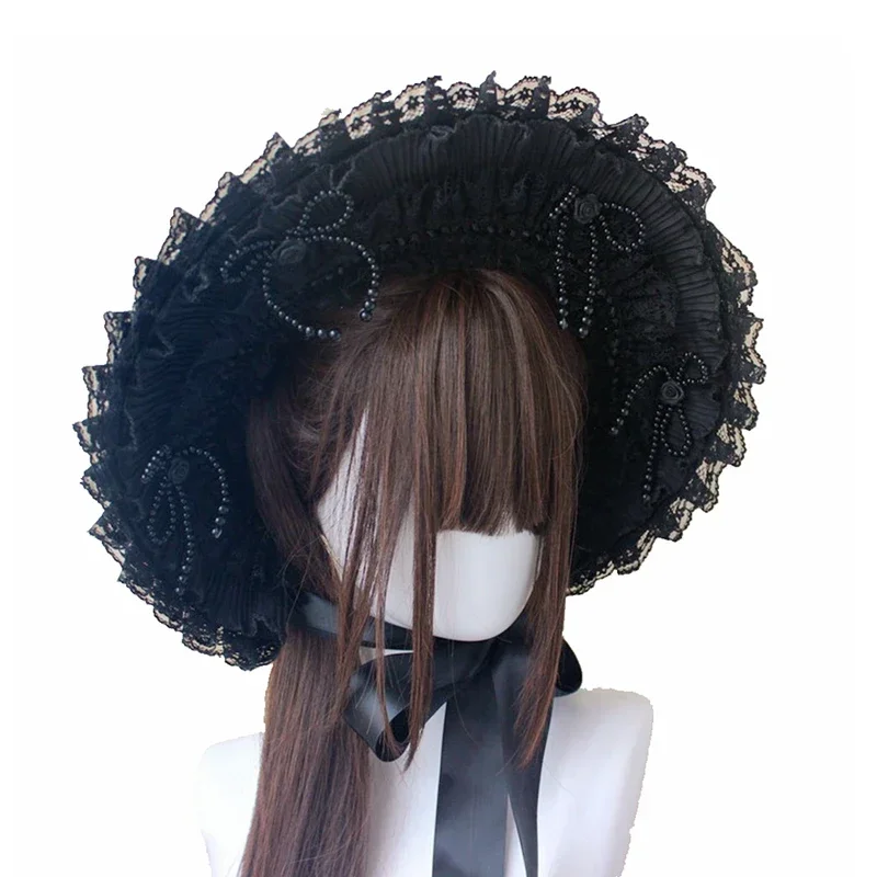 Classico nero Lolita Girl Lace Bowknot Cofano Cappello piatto Tea Party Splendido berretto da donna da fata