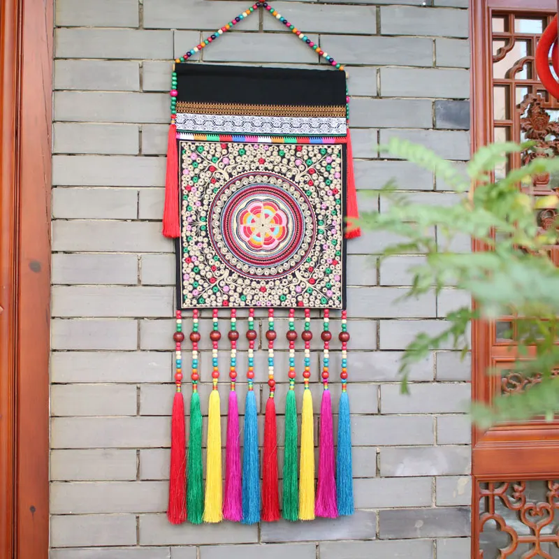 

‌Bohemian Embroidered Tapestry, Tassel Accent Wall Decor, Circuit Breaker Cover Up, Gallery-Ready Textile Art Panel