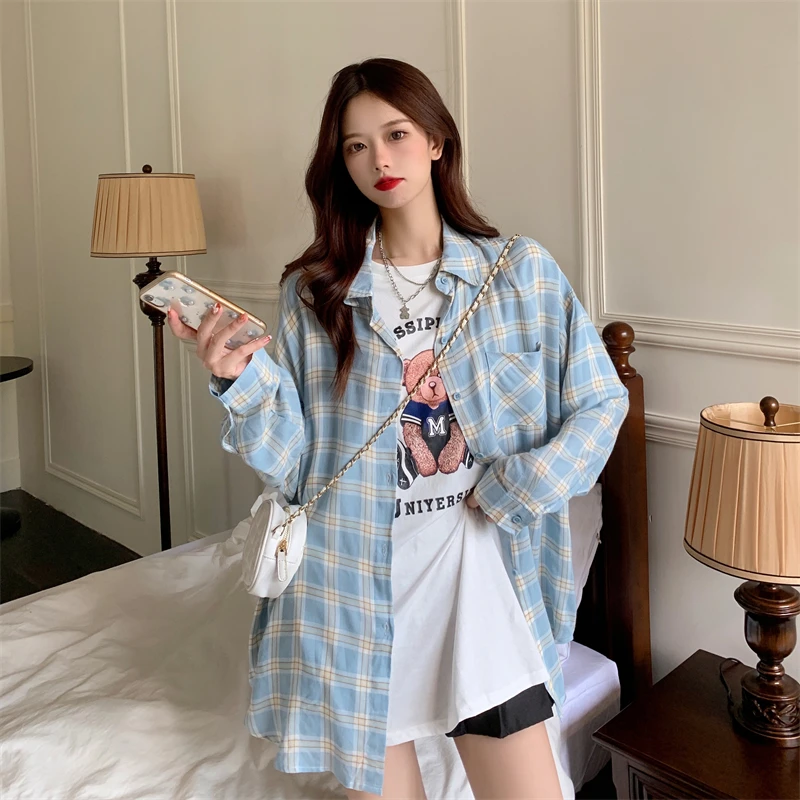 

Women Shirts Spring and Fall New Plaid Buttons Long Sleeve Blouse Casual Loose Vintage Shirt Female Versatile Jacket for Woman