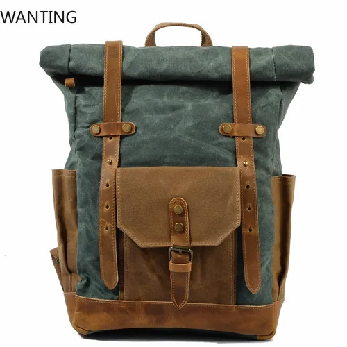 Imagen 2 del producto Nueva Mochila de lona encerada para hombre, Mochila escolar para ordenador portátil, Mochila Vintage para mujer, Mochila para hombre, Mochila femenina 2020