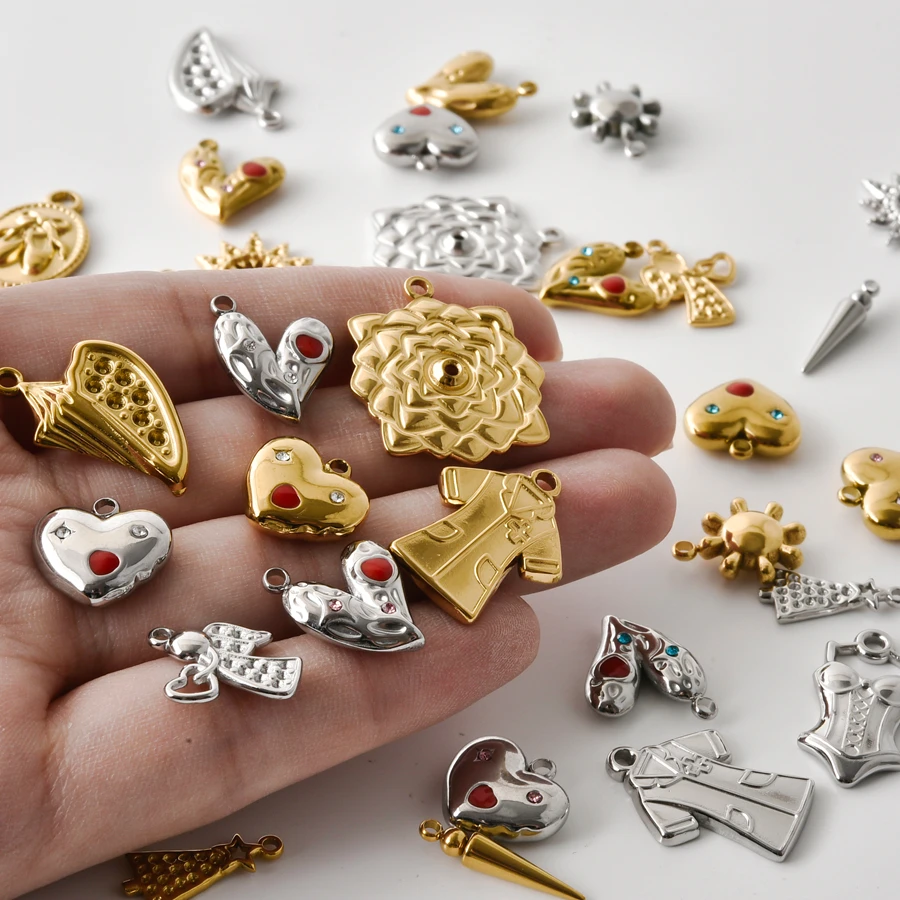 10Pcs Gold Plated Stainless Steel Charm Pendant Heart Ballet Shoes Sun Angel Christmas Tree Corset Doctor Uniform DIY Pendants