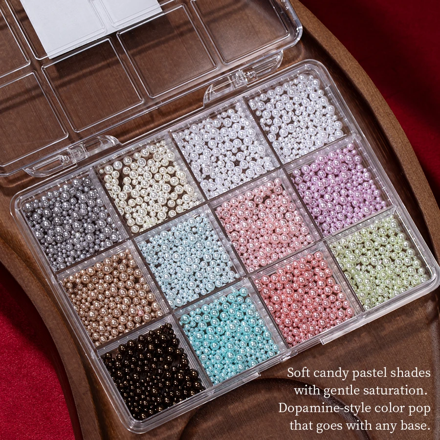 RS 12 Grids Mixed Macaron Mini Pearl Nail Charms Multi‑color Round Tiny Pearl Beads 3D Nail Art Decor DIY Manicure Accessories