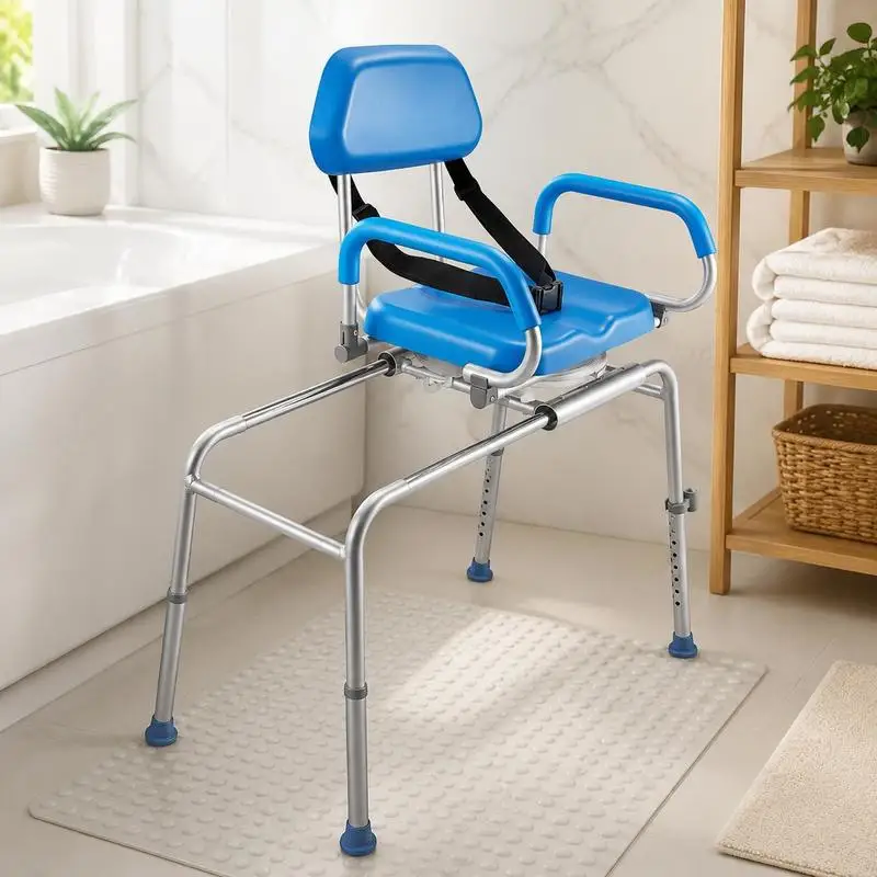 Chaise de douche coulissante, banc de transfert pour baignoire avec siège pivotant, capacité de 330 lb, banc de douche rembourré avec accoudoirs et dossier pivotants, hauteur réglable pour personnes handicapées, seniors, personnes âgées et personnes à mobilité réduite