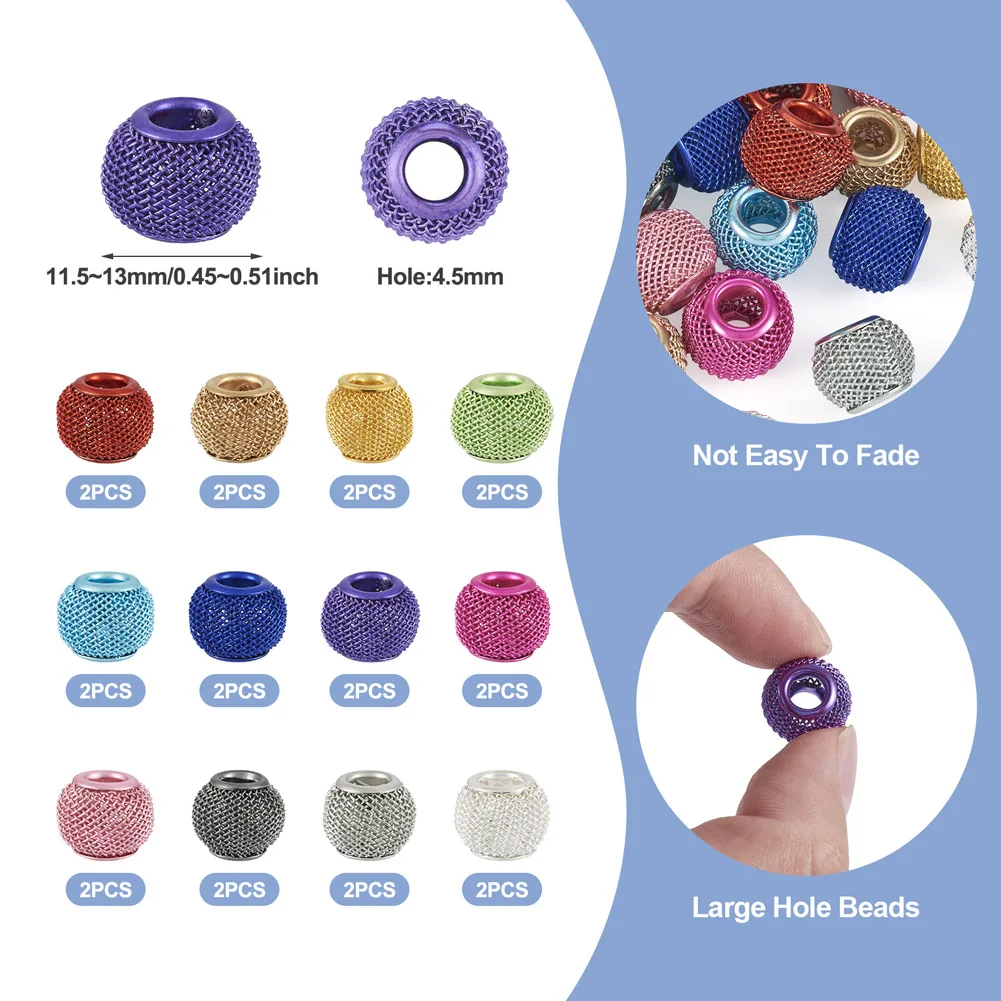 24Pcs European Large Hole Rondelle Bead 10~13mm Hollow Spray Painted Iron Round Bead for Bracelet Jewelry Making DIY Accessories