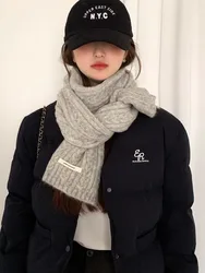 Grey Wool-Blended Knitted Scarf For Women, New Autumn/Winter Warmth-Enhanced Anti-Cold Korean-Style Scarf
