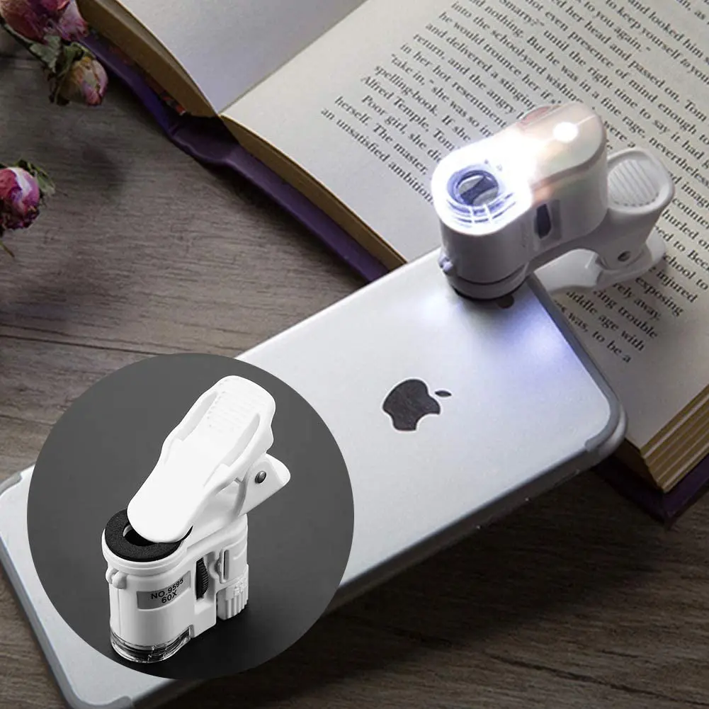 Magnifying Glass with Light 60x Zoom Microscope Magnifier LED UV Light Clip-on Micro Lens for Universal Mobile Phones