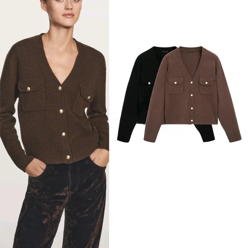 

Вязаный свитер с открытой передней частью и золотыми пуговицами, женский повседневный длинный свек из полиэфирного волокна, осенне-зимний модный женский топ