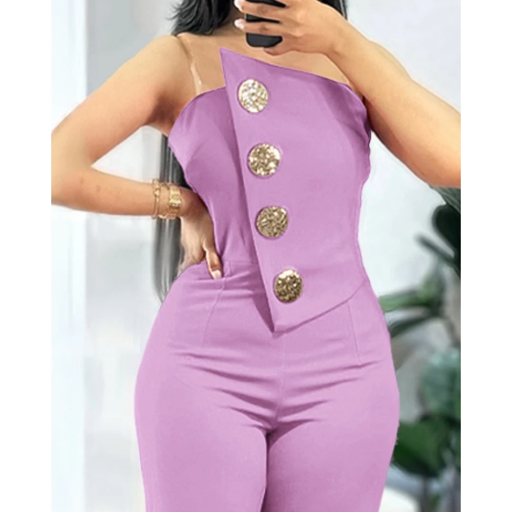 Women Asymmetrical Bandeau Strapless Skinny Jumpsuit Metal Button Decor Casual Overalls Elegant Outfits