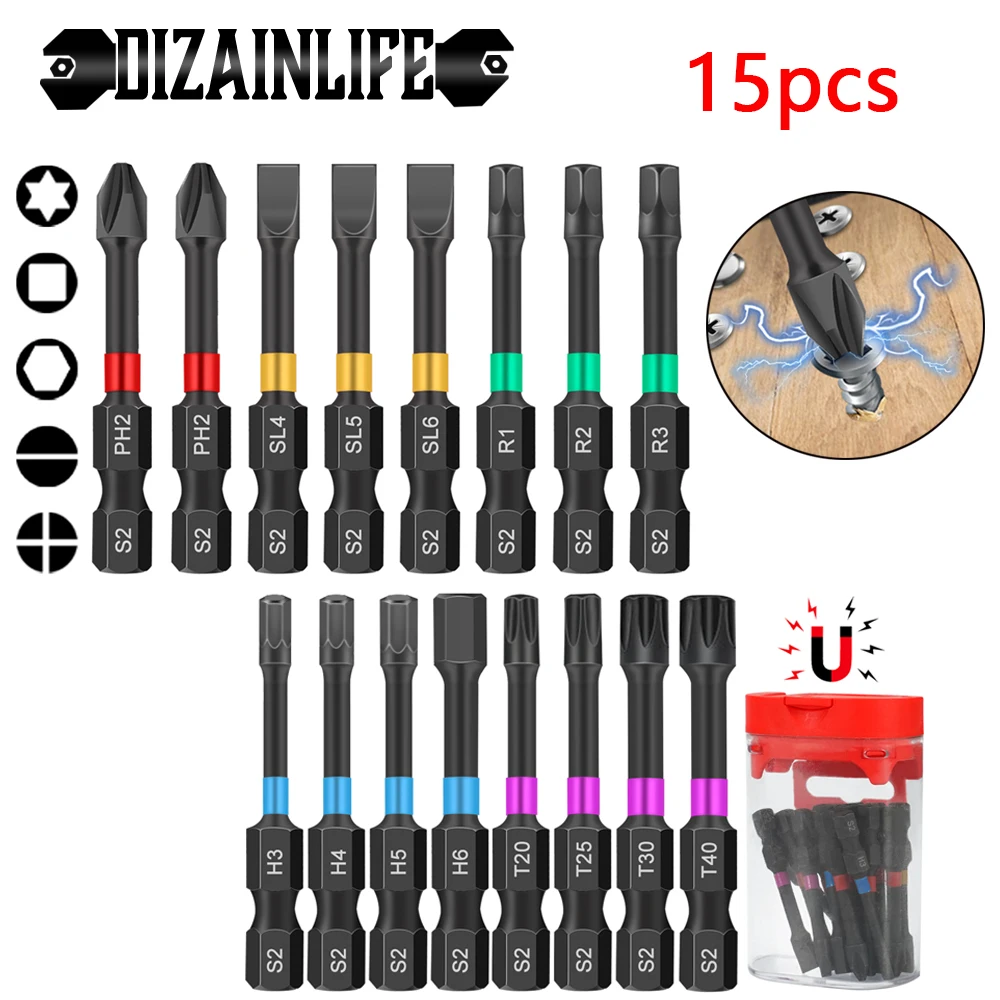 15PCS Magnetic Batch Head Impact Electric Screwdriver Bit Set Magnetic Case 5 Types S2 Head Bit Anti-slip Waterproof Bits