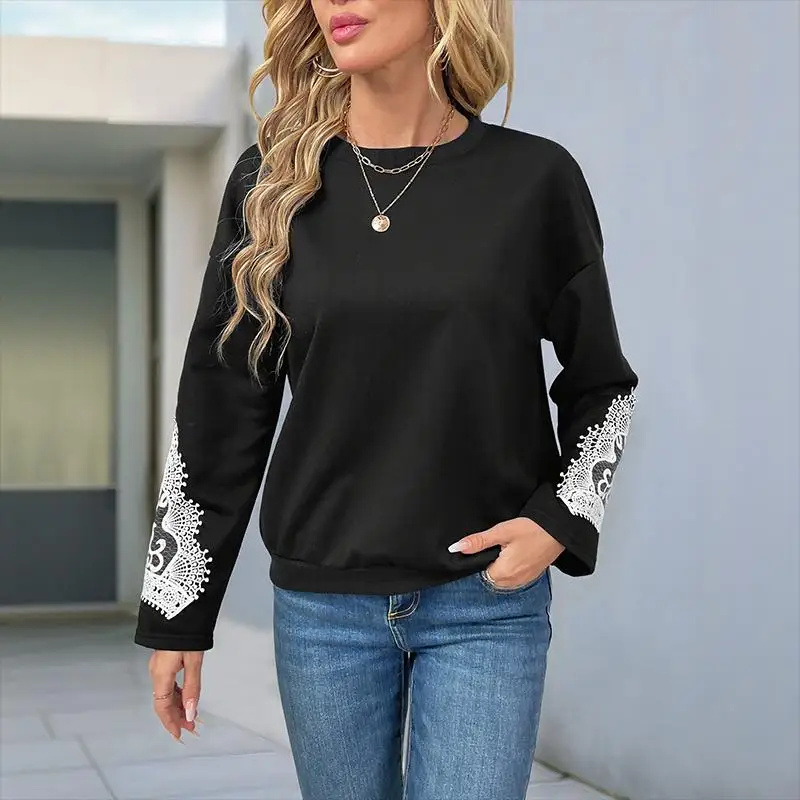 

Women's Black Sweatshirt with White Lace Trim Casual Loose Round Neck Long Sleeve Pullover Top