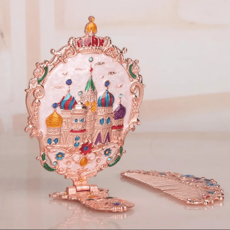 1Set Russia hand-held small mirror with a comb set Retro portable cosmetic mirror Collapsible Desktop Princess mirror