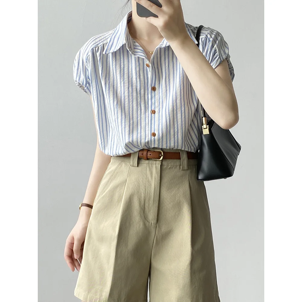 

Summer women's vertical striped flying sleeve shirt short sleeve loose casual versatile short top