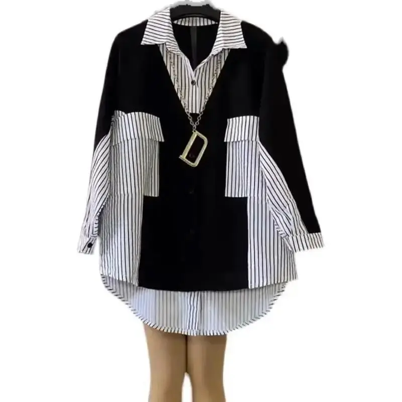 

Large Size Women's Clothing Loose Thin Medium and Long Contrasting Striped Shirt Fashion Top Foreign Style Meat Cover Shirt Tide