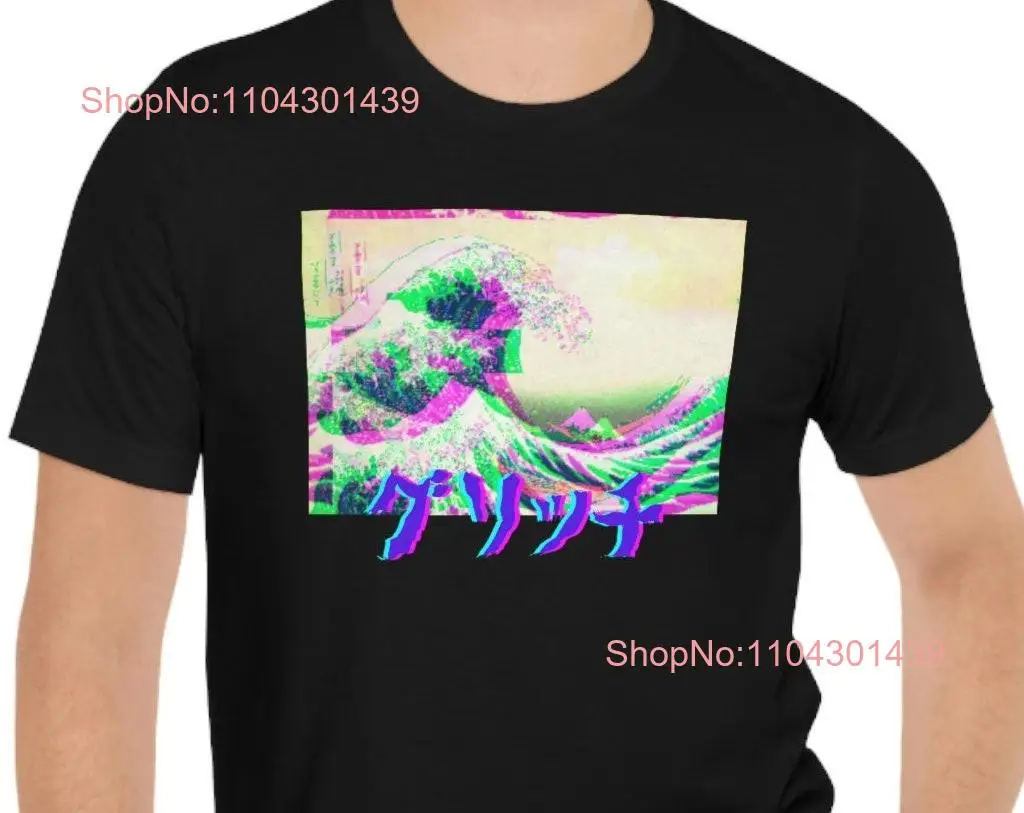 Glitch Art Inspired by Hokusai's Great Wave T Shirt Ukiyoe Streetwear Japanese Kanji Kanagawa long or short sleeves