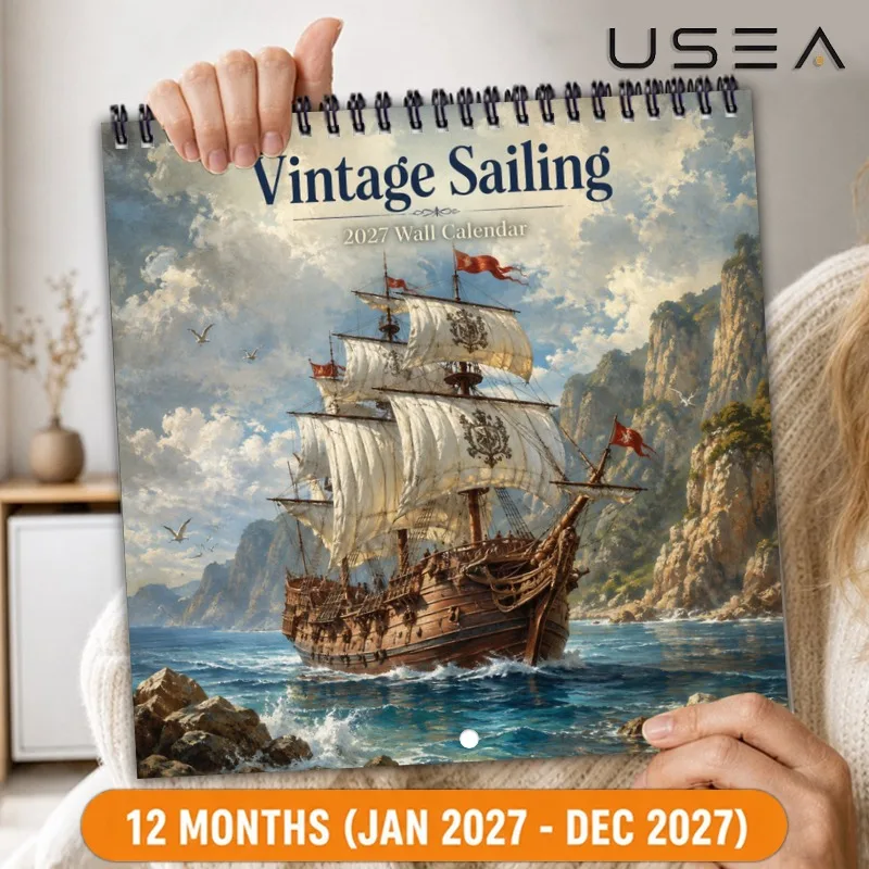 2027 Wall CalendarVintage Sailing USEA, 12-Month Planner with Habit Tracker, US Holidays & Lunar Phases