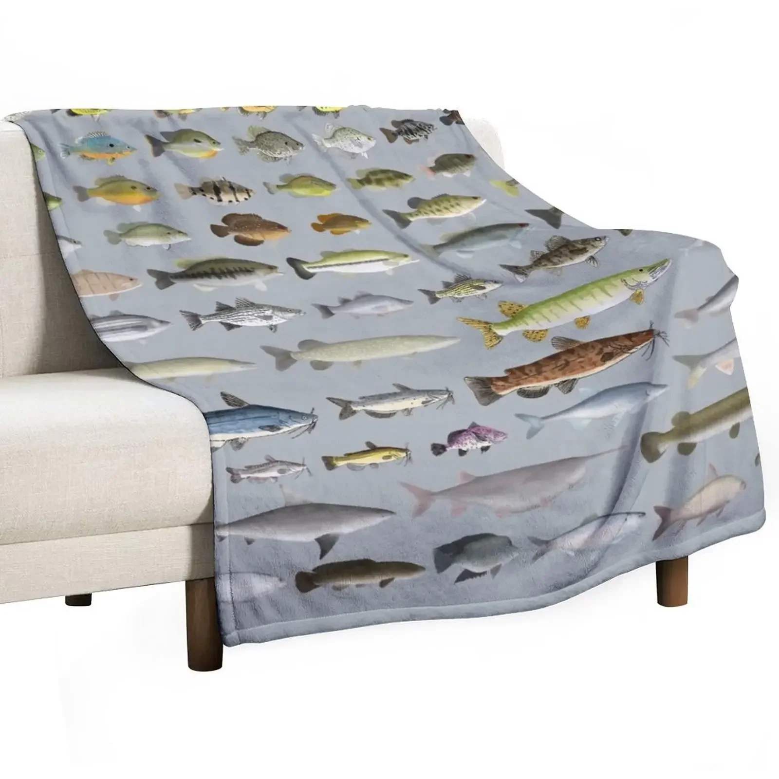 

North America Freshwater Fish Group Throw Blanket Picnic Personalized Gift Retros Blankets