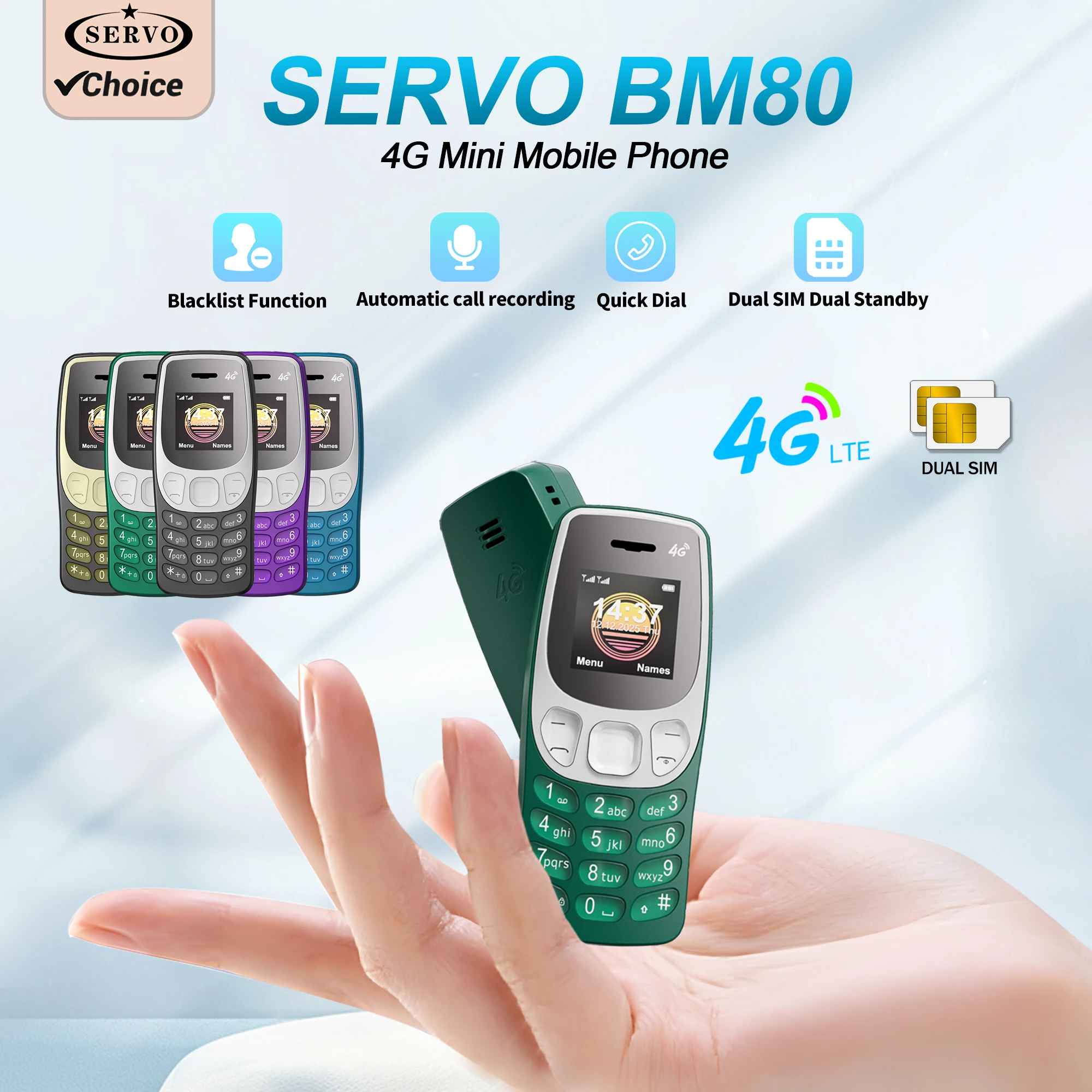 SERVO BM80 4G LTE Mini Backup Phone Dual SIM Card Speed Dial Call Recorder Portable Tiny Mobile Phone Music Player Low Radiation