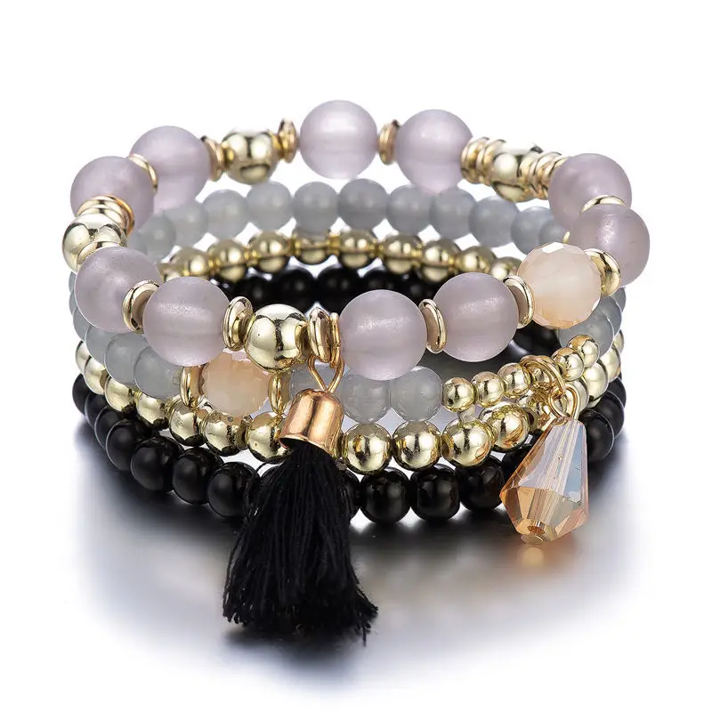 Vintage Bohemia Multi-layer Tassel Beads Bracelet For Women New Acrylic Elastic Adjust Bangle Trendy Femmle Hands Jewelry 2022