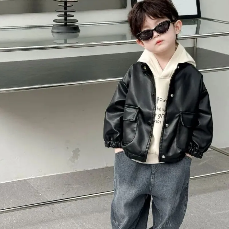 

0-6Y Boys' outerwear Spring and Autumn New Style Children's Baby Handsome Casual Collar PU Jacket