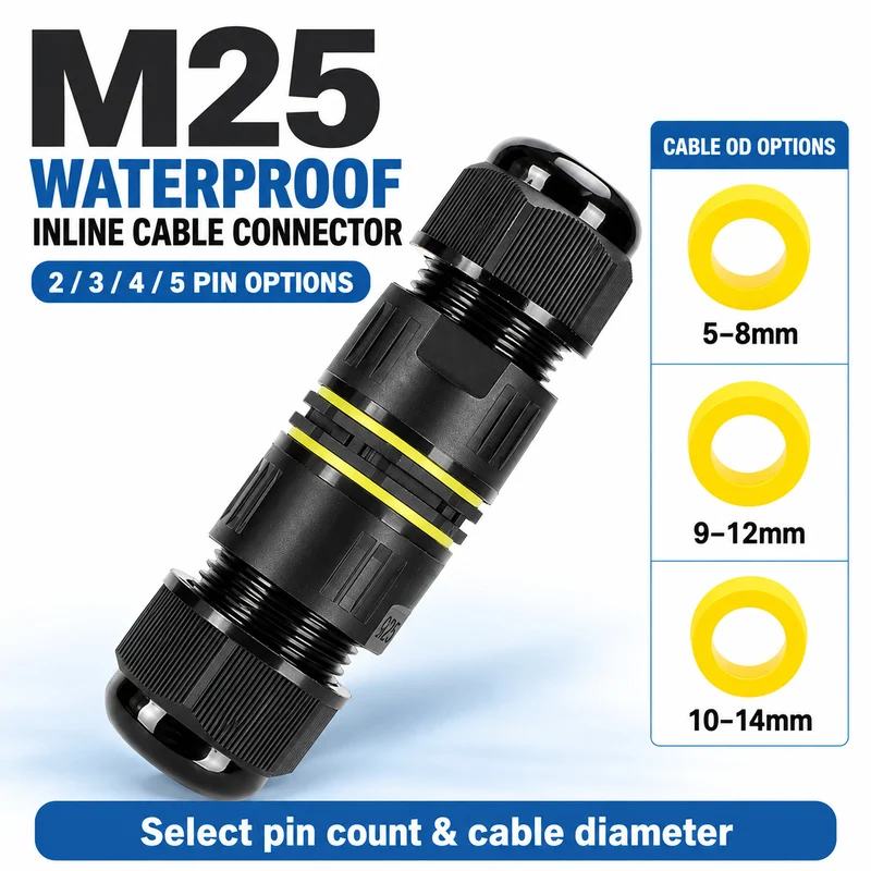 M25 Waterproof Inline Cable Connector 2 3 4 5 Pin Quick Wire Terminal Black Housing Yellow Seal for 5-14mm Outdoor Light Cables