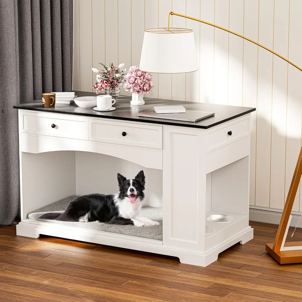 

Dog Crate Furniture with 2 Dog Bowls, Wooden Dog Crate End Table with 3 Drawers Storage Heavy Duty Kennel House Furniture