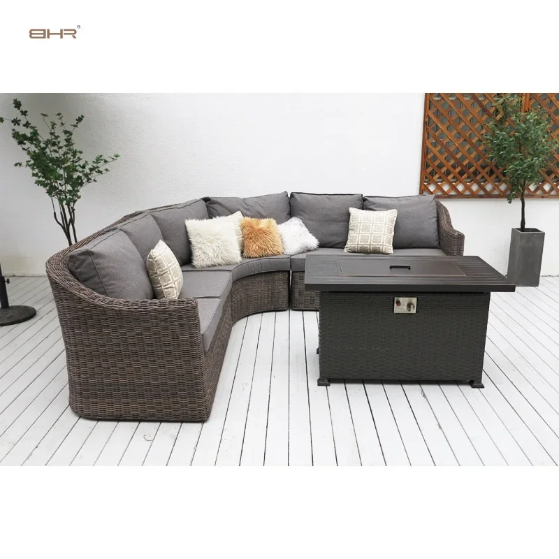 BHR Wicker Rattan Garden Furniture Outdoor Corner Sofa Patio Furniture Set with Fire Pit Table