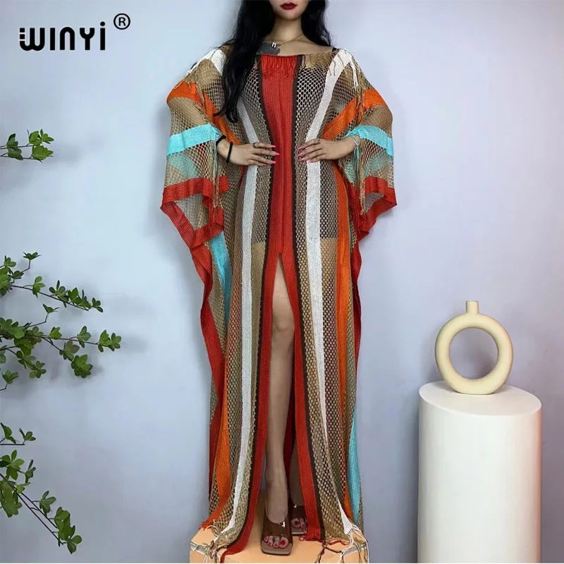 

WINYI Stripe print summer Hollow knit sexy tassels long dress Elegant Bikini Cover-ups Women Beachwear Swimsuit Cover Up dress