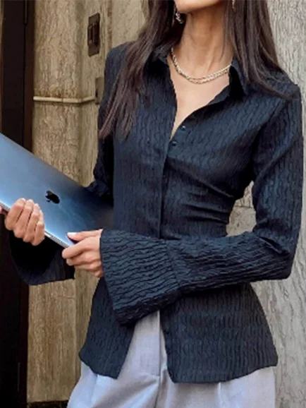 

Women Blouse 2026 Spring Autumn New Solid Color Turn-Down Collar Long Sleeve Slim Fit Button-Up Casual Vesatile Shirt Top