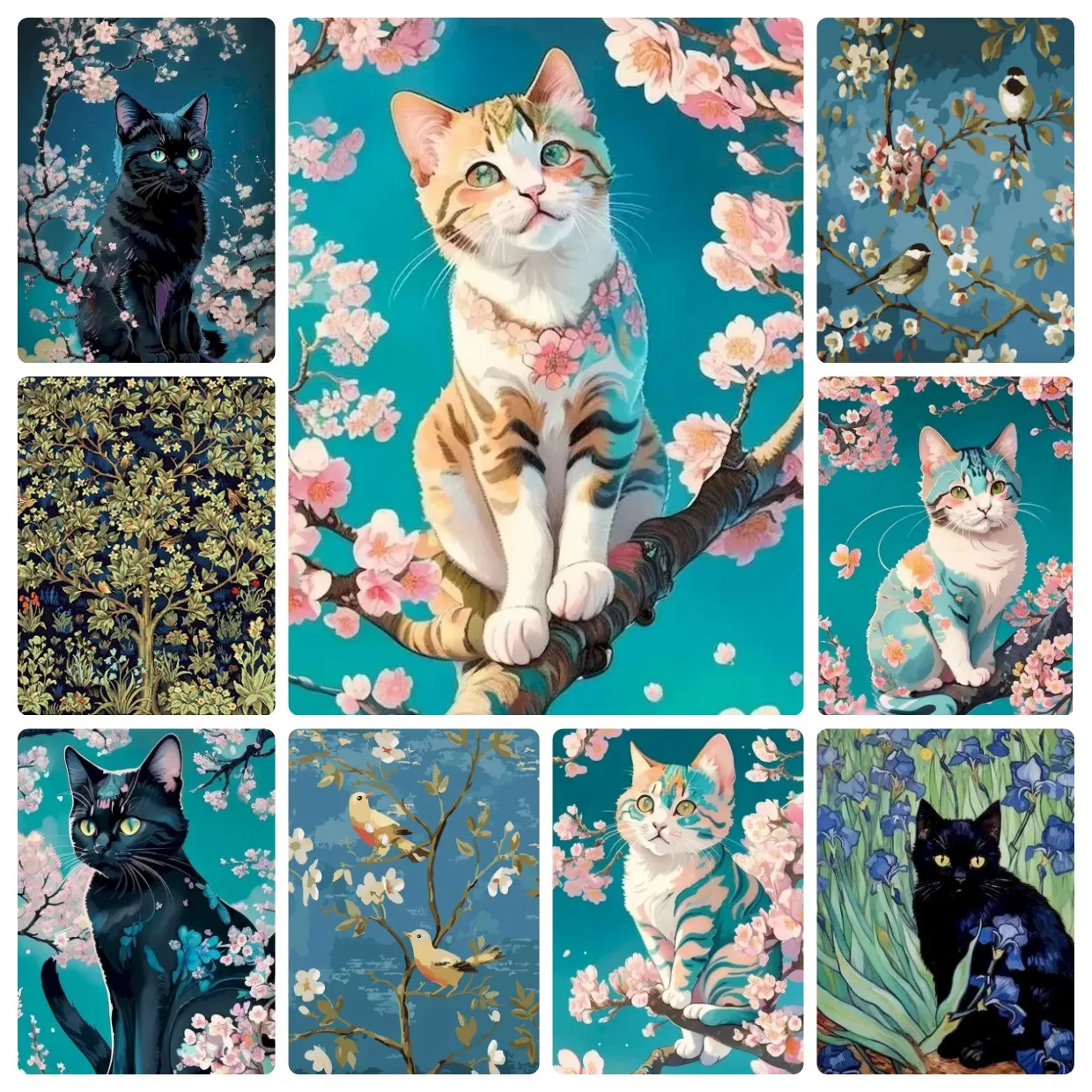Diamantmalerei Einfache Katze und Blumenlandschaft Vollrunde/quadratische Diamanten Mosaik Handgemachte Kunst Exquisites Geschenk Heimdekoration
